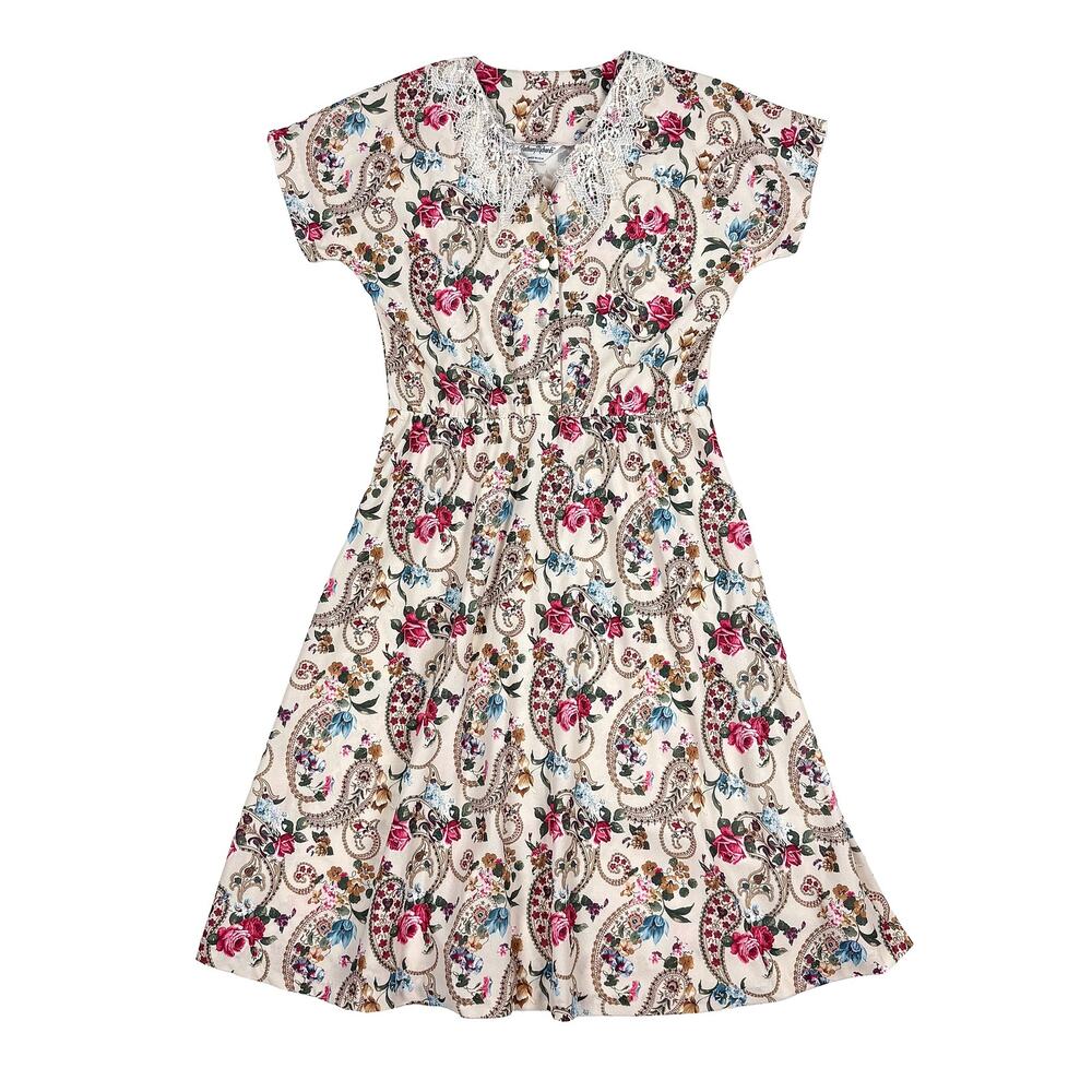 Anthony Richards VTG Floral Dress Womens M Cream Lace Collar Cottagecore Retro